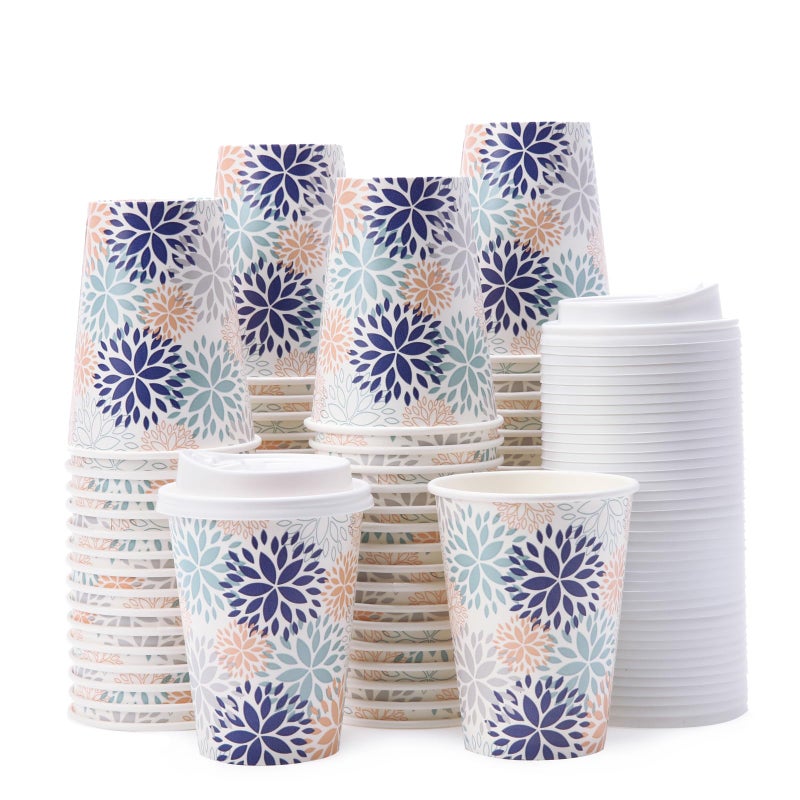 Tamone 100 PACK 12OZ Disposable Coffee Cups with Lids, To Go Coffee Cups with Lids Leak Proof, White and Blue Paper Cups Flower Design for Cold/Hot Coffee Beverage Chocolate Cocoa for Home Office - Image 1